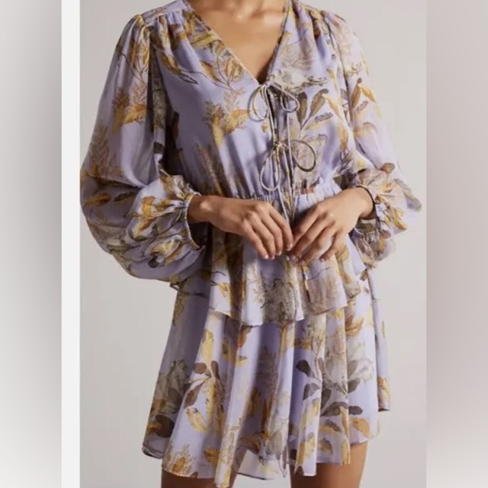 Ted Baker London floral ruffled dress with statement, puffy sleeves